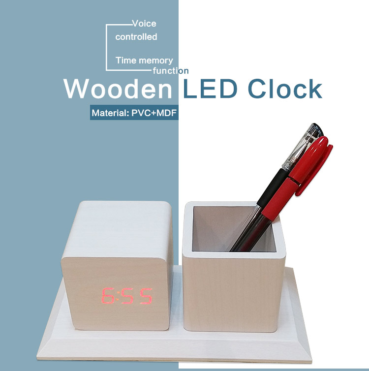 wooden led clock with pen holder