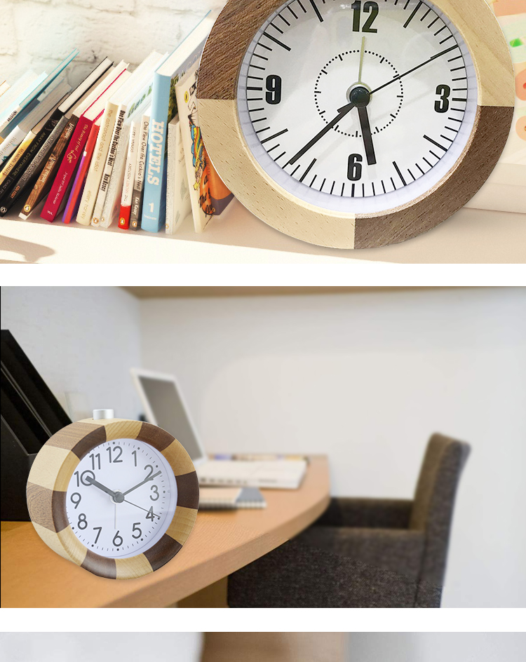 Round shape wooden silent quartz desk clock