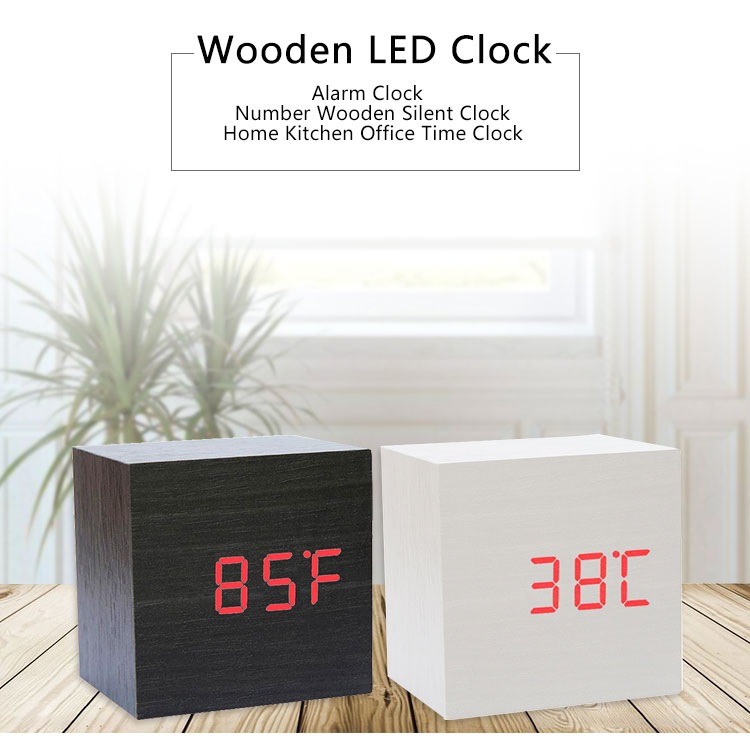 Mini Cube LED digital wood alarm clock