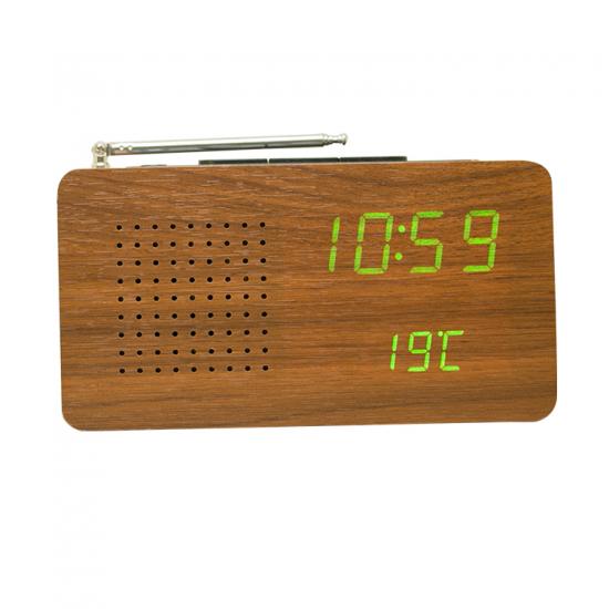 wooden table clock with portable FM radio temperature display
