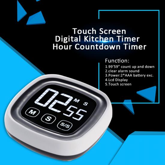 Large touch screen kitchen countdown timer with stand and magnet back