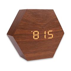 Hexagon sound sensor digital wood alarm clock hotel clock