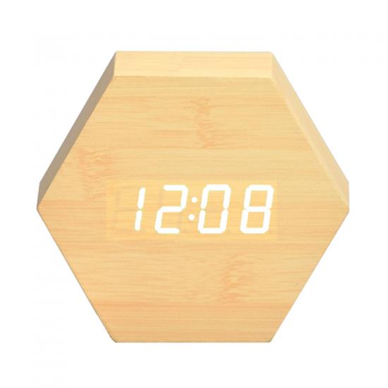 Hexagon sound sensor digital wood alarm clock hotel clock
