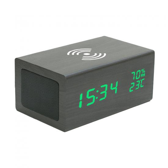 bluetooth speaker with wireless charger and alarm clock with temperature and humidity