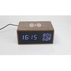 Wooden LED Alarm Clock With Wireless Charger & Speaker