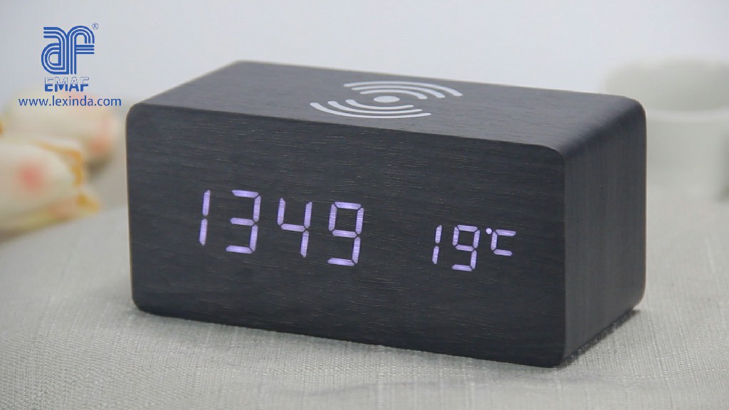 携帯電話qiワイヤレス充電木製デジタル目覚まし時計（ec-w030）