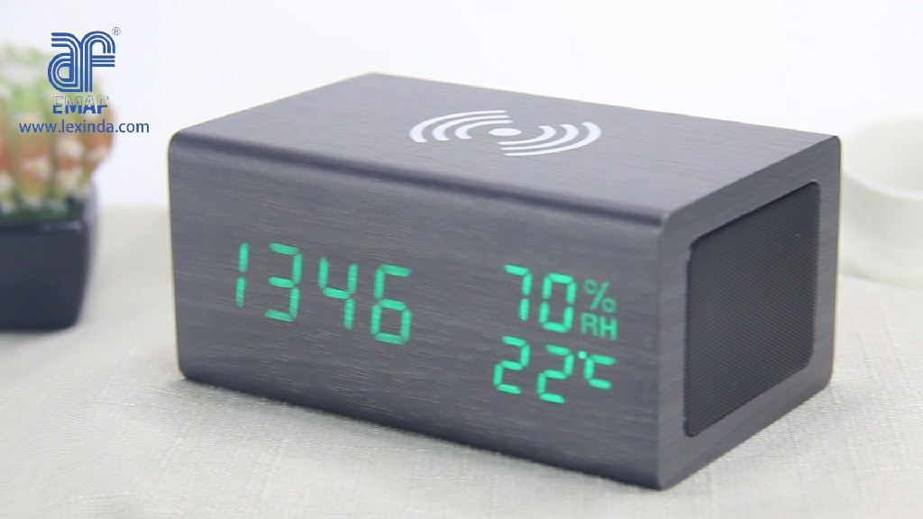 携帯電話qiワイヤレス充電器木製デジタルled目覚まし時計Bluetoothスピーカー（ec-w031）